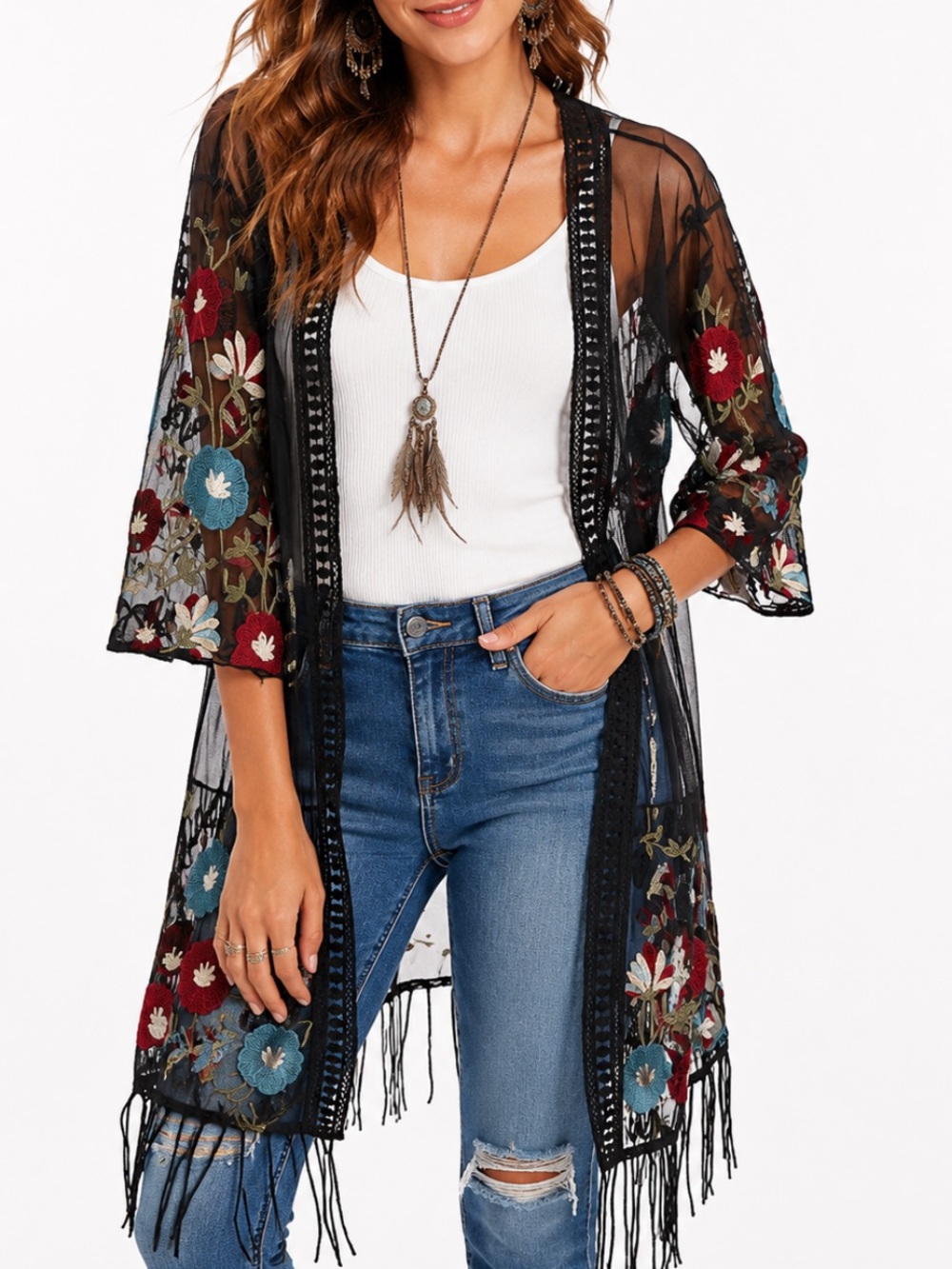 ASHA Sheer Black Floral Embroidered Kimono with Fringe-One Size